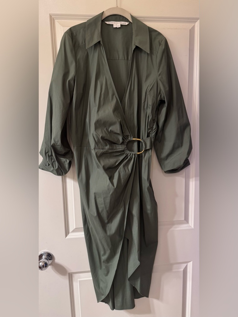 Veronica Beard Afton Olive Wrap Midi Dress size 12 w Gold Ring beautiful - Picture 6 of 12
